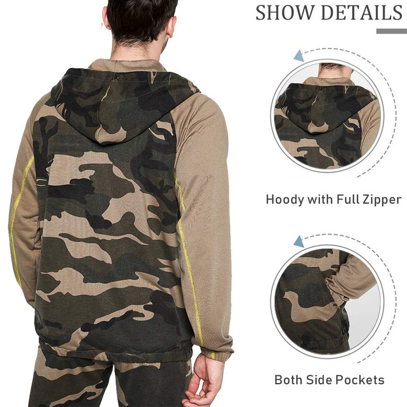 DUOFIER Men's Tracksuit Set Camouflage Sweatshirt Jogger Sweatpants Warm Sports Suit, Khaki-L - Image 3
